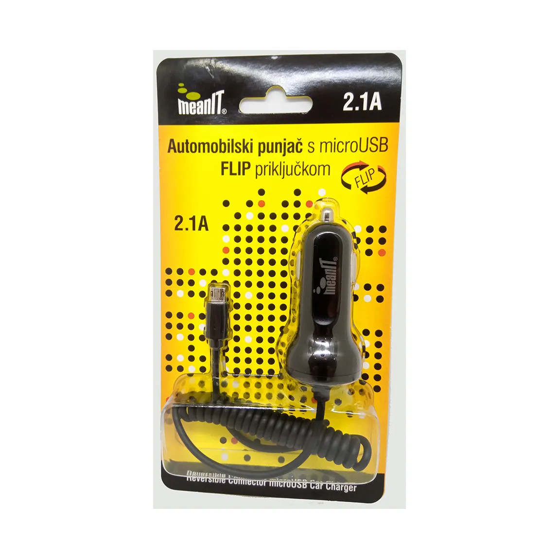 Auto punjač MEANIT, Micro USB Flip, crni