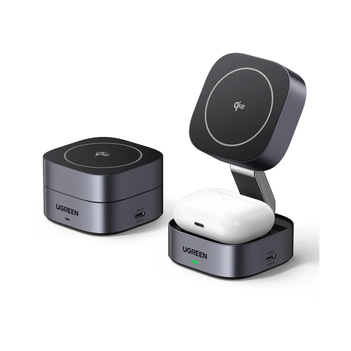 Kućni punjač UGREEN 2in1, 15W, bežični, Qi2, za iPhone, AirPods Pro, sivi