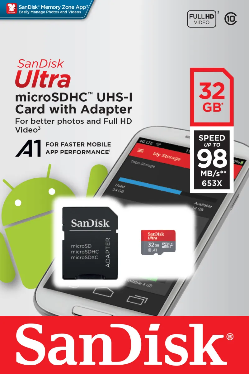 Memorijska kartica SANDISK, micro SD Ultra Android, 32GB, Class 10 UHS-I + SD Adapter + Memory Zone App