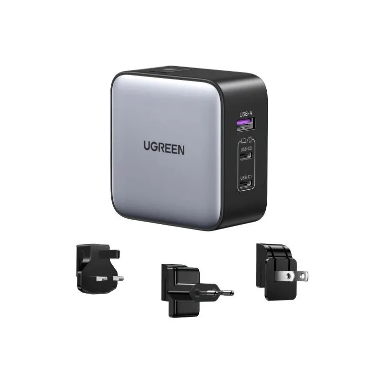 Putni punjač UGREEN Nexode, US/UK/EU, 65W, 2x USB C PD3.0, USB A, QC 4.0, GaN, sivi
