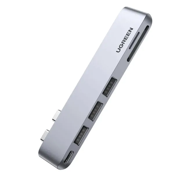 USB HUB UGREEN, Dual USB C na 3x USB A 3.0, TF/SD, USB C (Ž), za MacBook Pro/Air, sivi