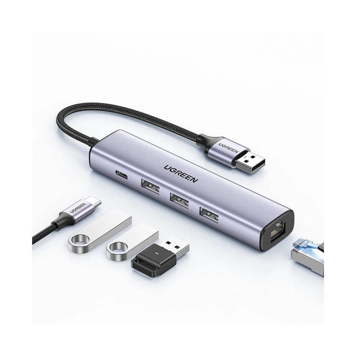 USB HUB UGREEN, USB A 3.0 na USB C, 3x USB A 3.0, RJ45, sivi
