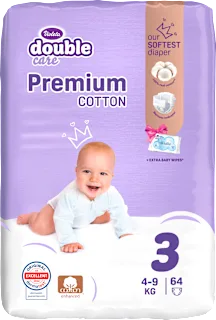 double care Cotton Premium pelene vel. 3, (4 - 9 kg) + vlažne maramice 20 kom., 64 kom.