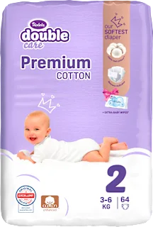 double care Cotton Premium pelene vel.2 mini (3 - 6 kg) + vlažne maramice 20 kom., 64 kom.