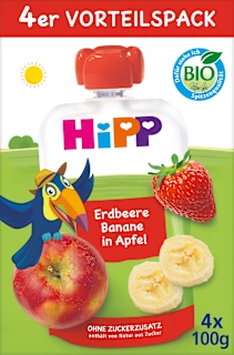 Hippis EKO voćni pire – jabuka s bananom i jagodom, 1+ g., 4 x 100 g, 400 g
