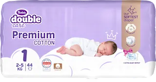 Pelene za novorođenčad Double Care Premium + vlažne maramice 20 kom., vel. 1 (od 2 do 5 kg), 44 kom.