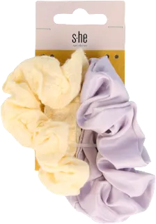 Scrunchie gumice za kosu – žuta i ljubičasta, 2 kom.