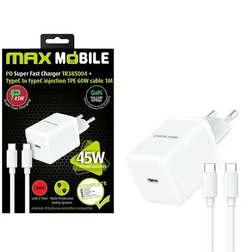 MaxMobile brzi kućni punjač, GaN, PD, 45W, USB-C + kabel
