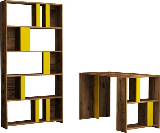 Studijski stol i policu za knjige, Lima - Walnut, Yellow