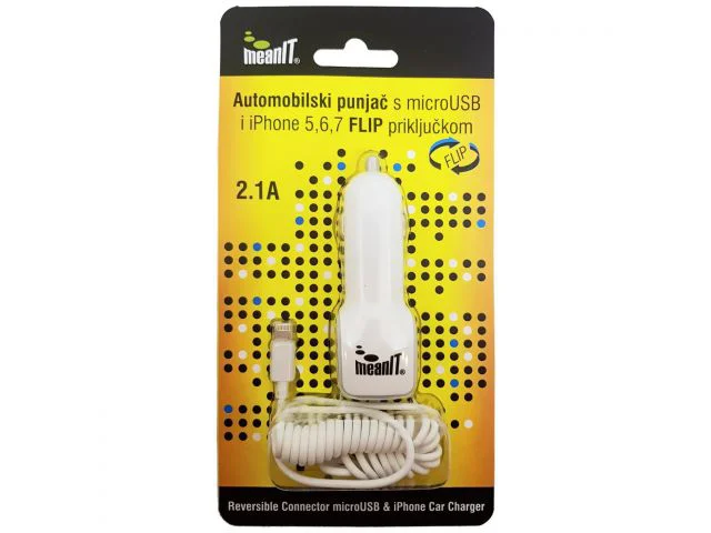 Auto punjač MEANIT, 2.1A, micro USB, iPhone 5, 6, 7, 8, bijeli