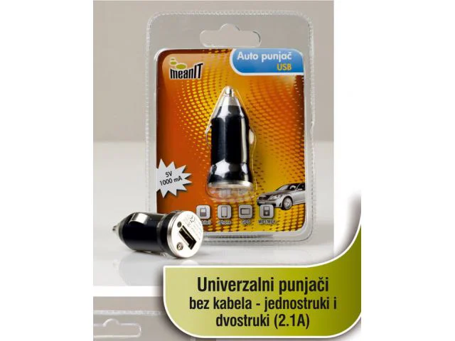 Auto punjač MEANIT, 5V, 1000 mA, bez kabela, USB A, crni