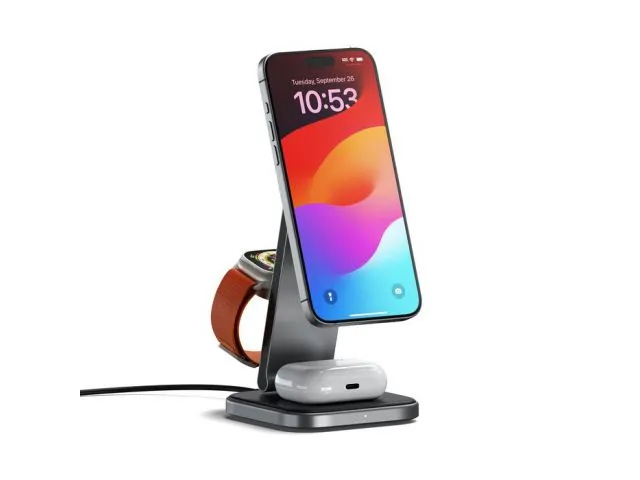 Bežični punjač SATECHI 3-in-1 Foldable Qi2 Wireless Charging Stand with Type A,C,G plugs, sivi (ST-Q31FM-EA)