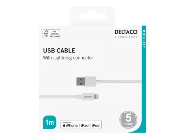 Kabel Lightning(m) na USB-A(m) DELTACO, 1m, bijeli