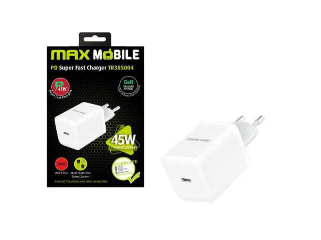 Kućni punjač MAXMOBILE TR385004, Type-C, 45W, GaN, bijeli