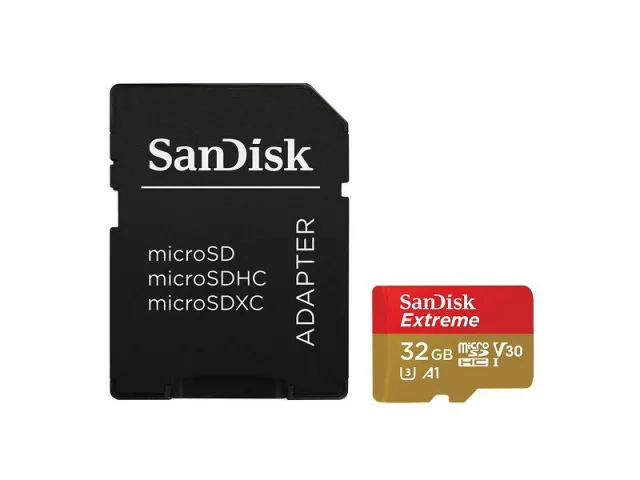 Memorijska kartica microSDHC 32 GB SANDISK Extreme for Action Cams and Drones, Class10 A1 UHS-I U3 V30, 100 MB/s + SD adapter, for Action Sports Cameras (SDSQXAF-032G-GN6AA)