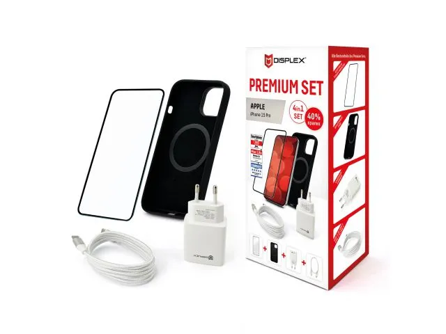 Premium set DISPLEX za iPhone 15 Pro, Full Cover zaštitno staklo, adapter, USB-C kabel, crna MagSafe silikonska maskica