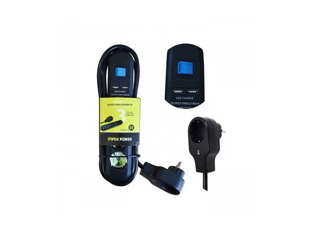 Produžna letva MAXPOWER 4 utičnice GC03KU-SP 3m, 2xUSB