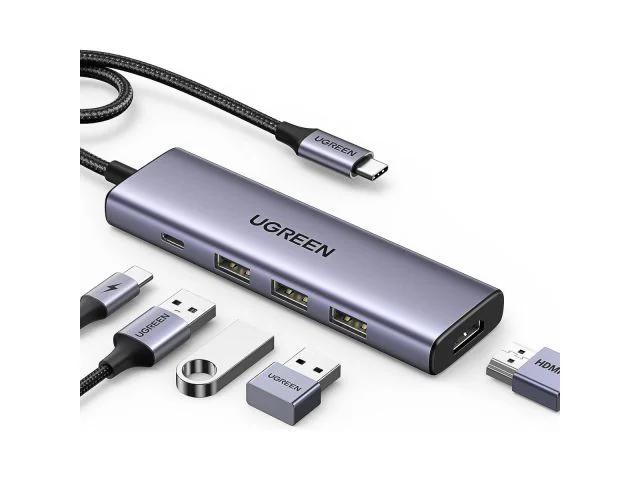 USB-C HUB UGREEN 5-in-1, USB-C na 3x USB-A 3.0, 1x USB-C (PD 100W), 1x 4K HDMI, sivi