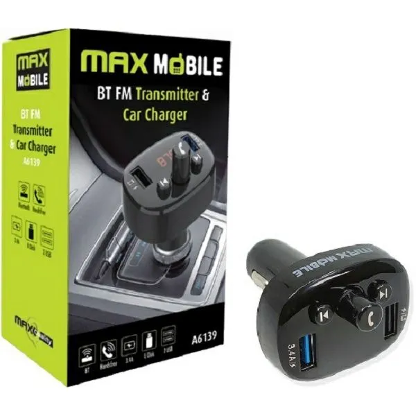 Auto punjač i transmiter Max Mobile 3U1 A6139, 2xUSB-A, FM, Bluetooth, 17W, Black