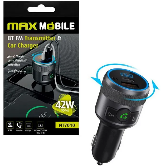 Auto punjač i transmiter Max Mobile 3U1 NT7010, 1xUSB-A, 1xUSB-C, FM, Bluetooth, Black