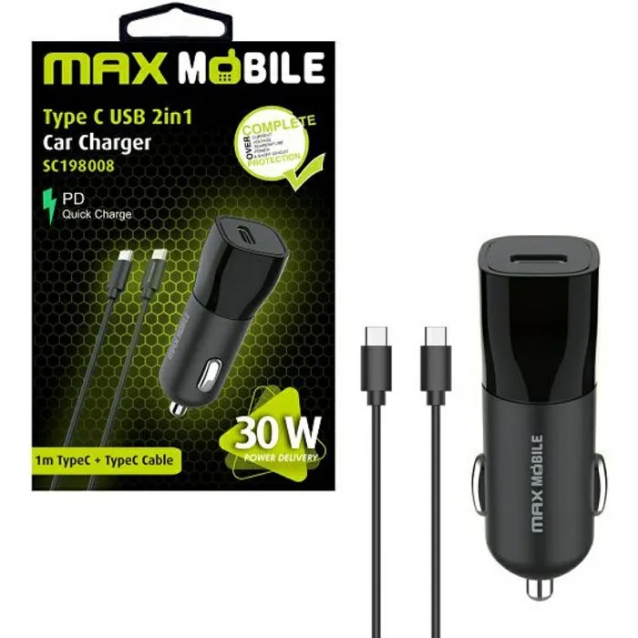 Auto punjač Max Mobile SC-233003, USB-C, USB-C na USB-C kabel, 30W, Black