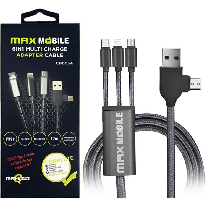 Kabel Max Mobile 6u1, USB-A (M) + Micro USB (M) na Micro USB (M) + USB-C (M) + Lightning (M), 1.2m, Black-Grey
