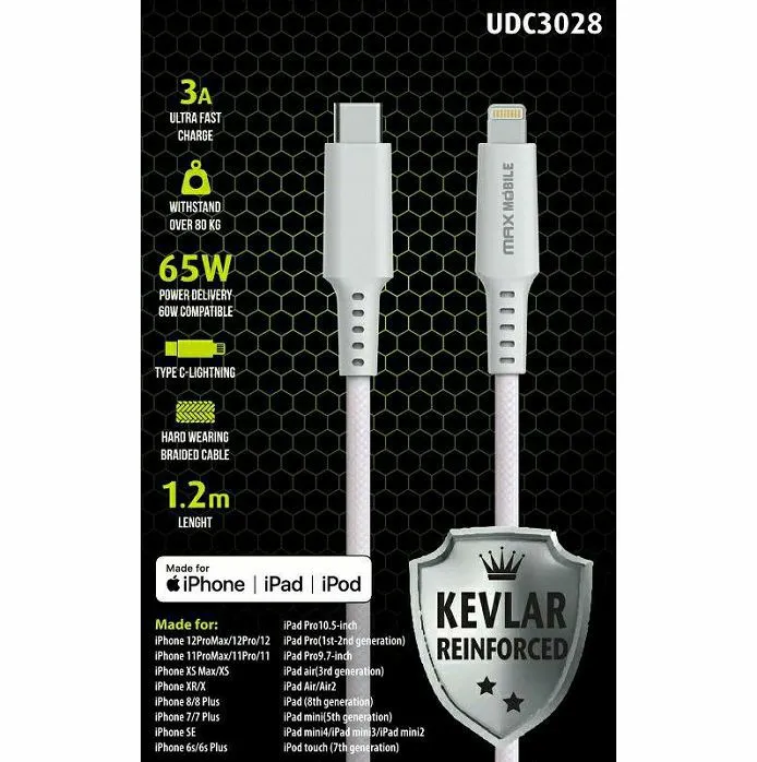 Kabel Max Mobile UDC3028, USB-C (M) na Lightning (M), 1.2m, White
