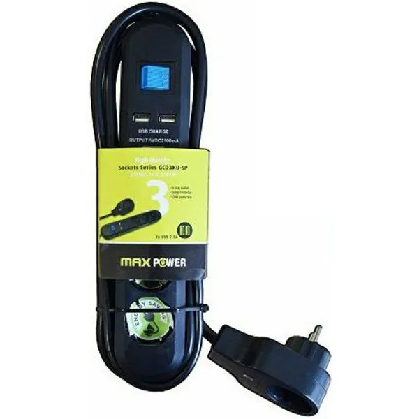 Produžna letva Maxpower GC03KU-SP, 3xŠuko, 2xUSB, 3.0m, Black