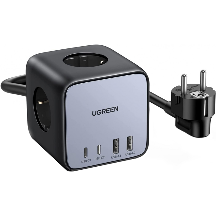 Strujni punjač Ugreen DigiNest Cube 60113, 65W, 2xUSB-A, 2xUSB-C, 3xŠuko, Grey