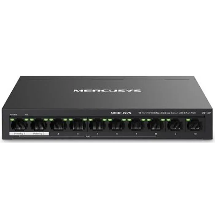Switch Mercusys MS110P, 10 portni Gigabit, 2x10/100Mbps, 8x10/100Mbps PoE+ 30W, unmanaged, Black