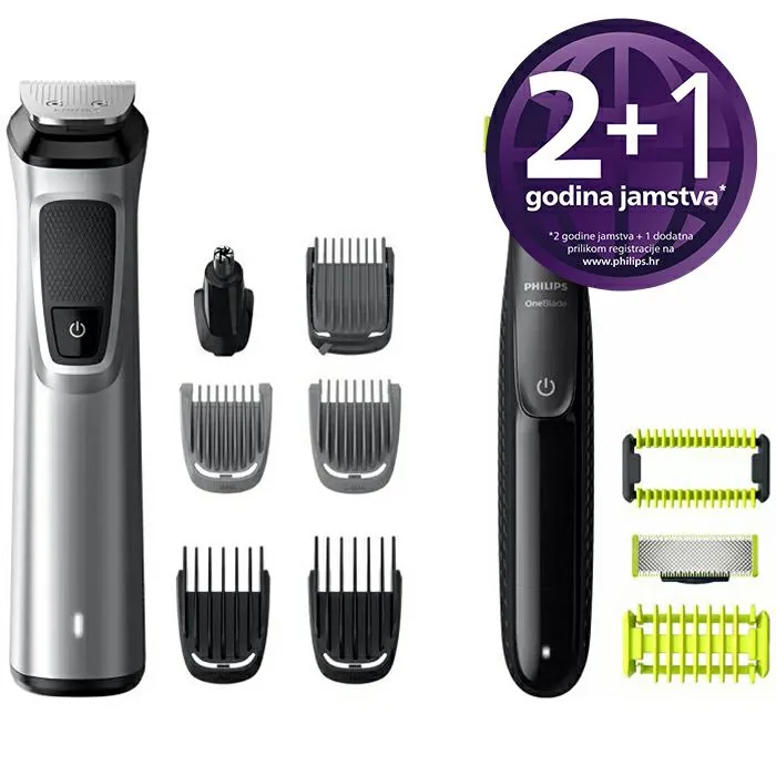 Trimer Philips Multigroom 9000 Series MG9710/90, 12 nastavaka, Silver + Philips OneBlade Face + Body, Black